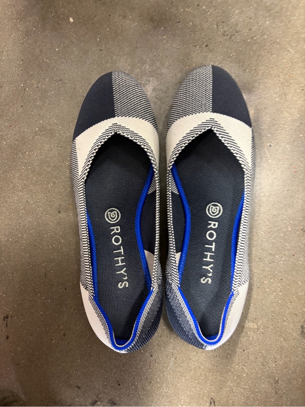 Rothy's White and black checkered and Blue Trim Knit Ballet Flats